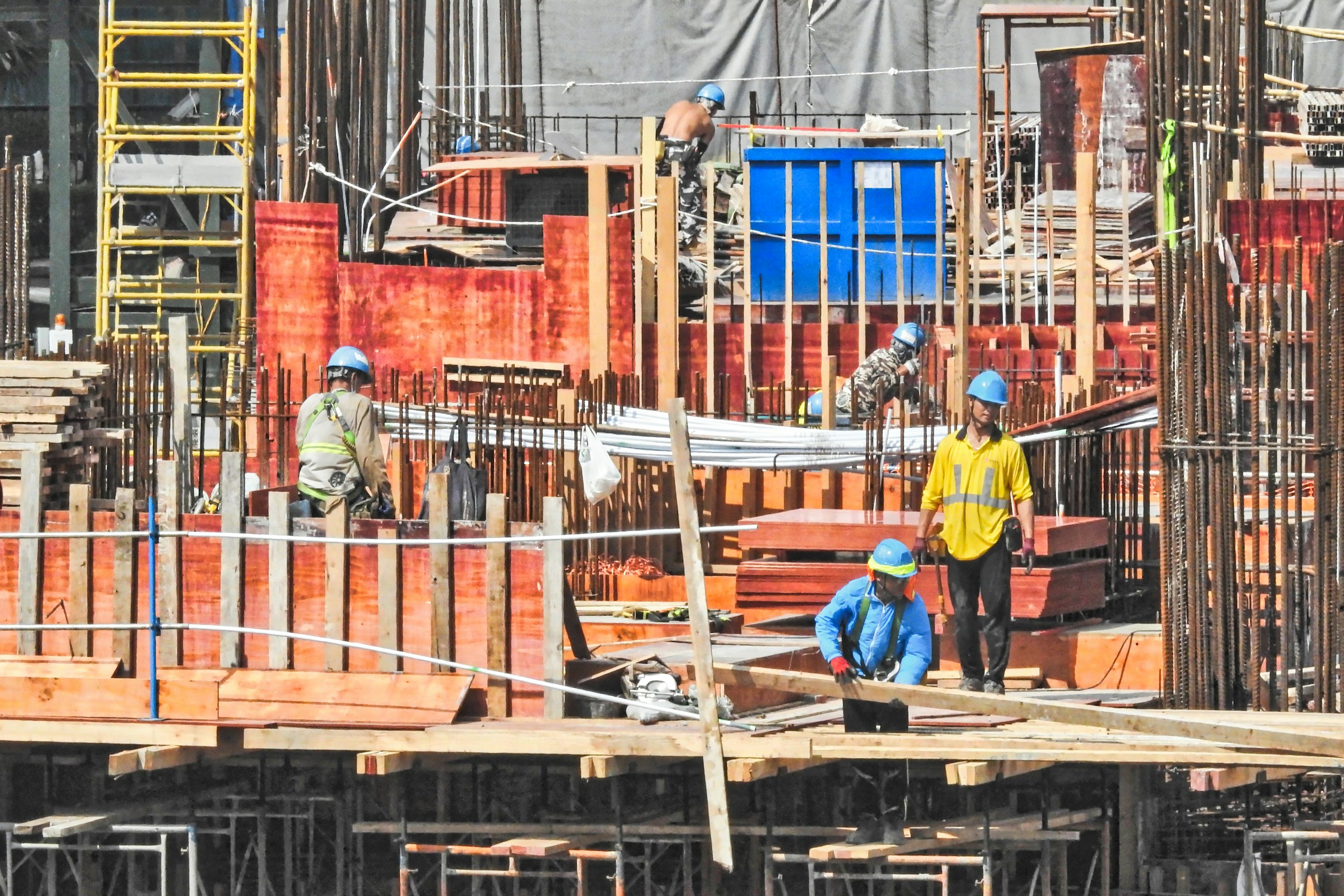 Construction team reviewing work on site